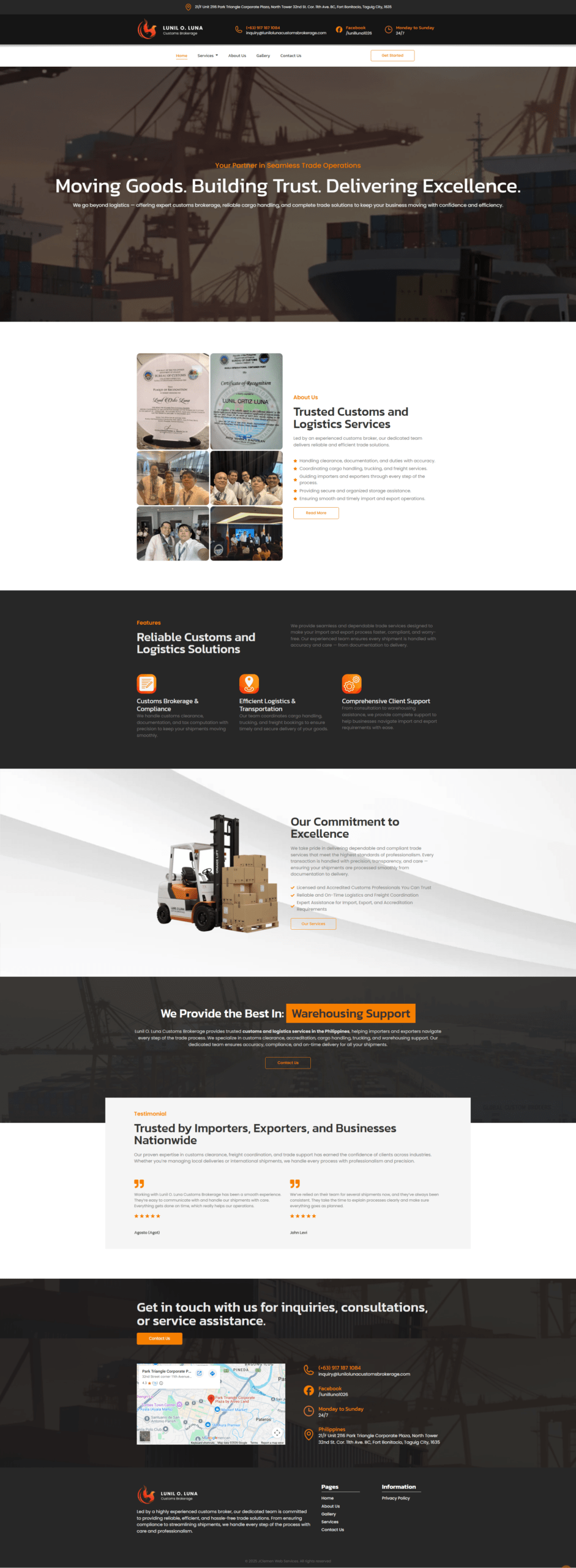 Full homepage of the Lunil O. Luna Customs Brokerage website